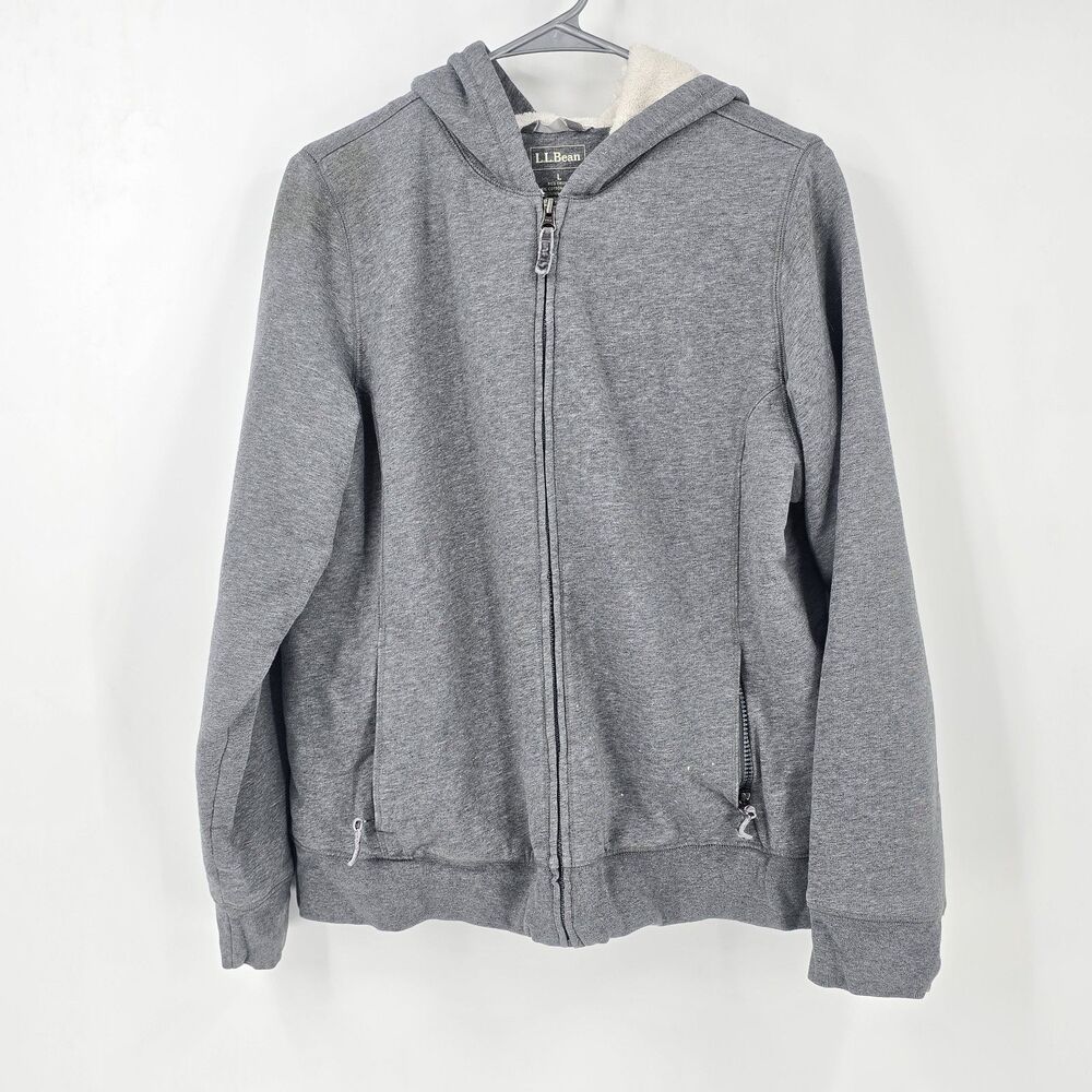 LL Bean Womens Small Gray Sherpa Hoodie Hooded Sweatshirt Full Zip Large Read